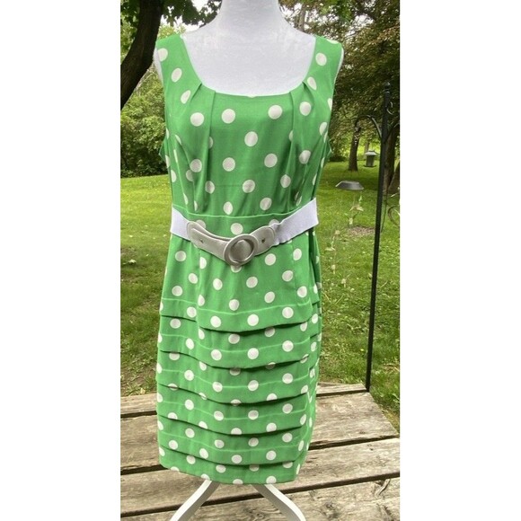 ROZ & ALI Women Sz 16 Green Dress White Polka Dot Wide Spandex Belt Sleeveless - Picture 1 of 16